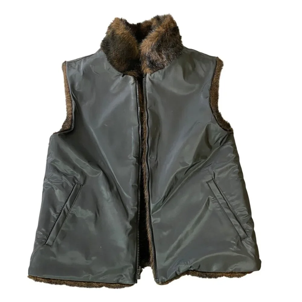 Giacca Reversible Faux Fur Vest Womens Brown & Black Large - Picture 3 of 12